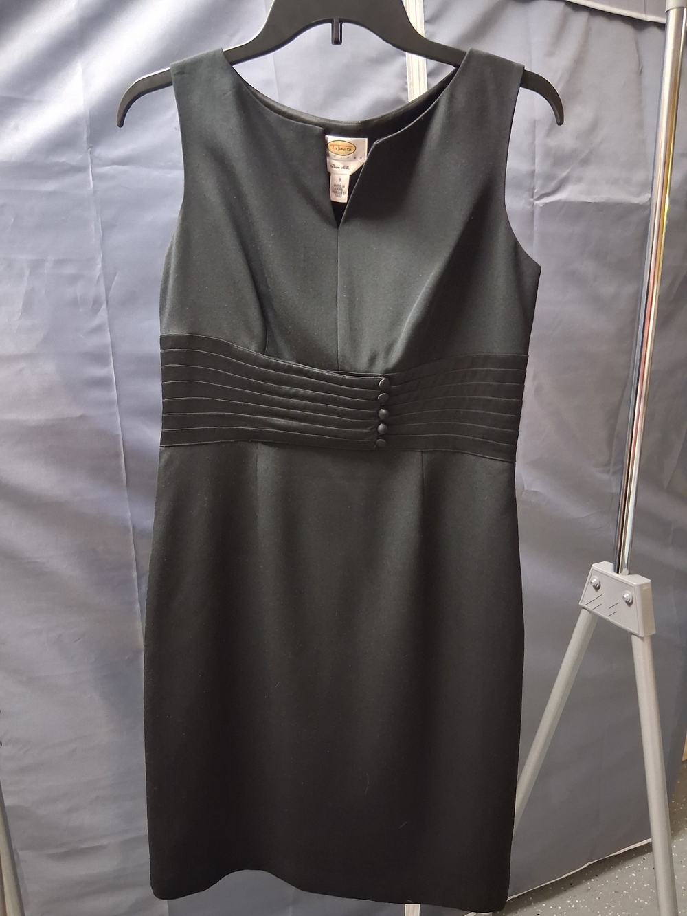 Talbots Black Sleeveless Midi Sheath Dress with Waist Pleat Buttons
